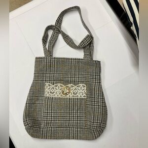 Gray and Brown Plaid Tote with Decorative Panel
